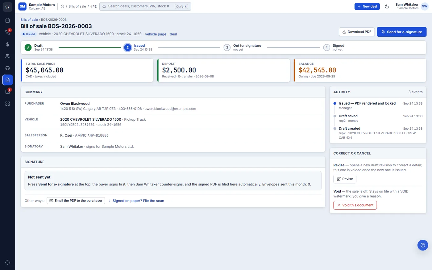 A bill of sale signing hub: draft, issued, out for signature and signed steps, totals, summary and the activity log