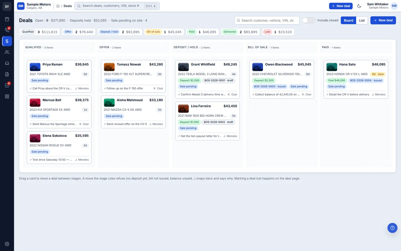 Deals board with columns for each stage and a card per deal