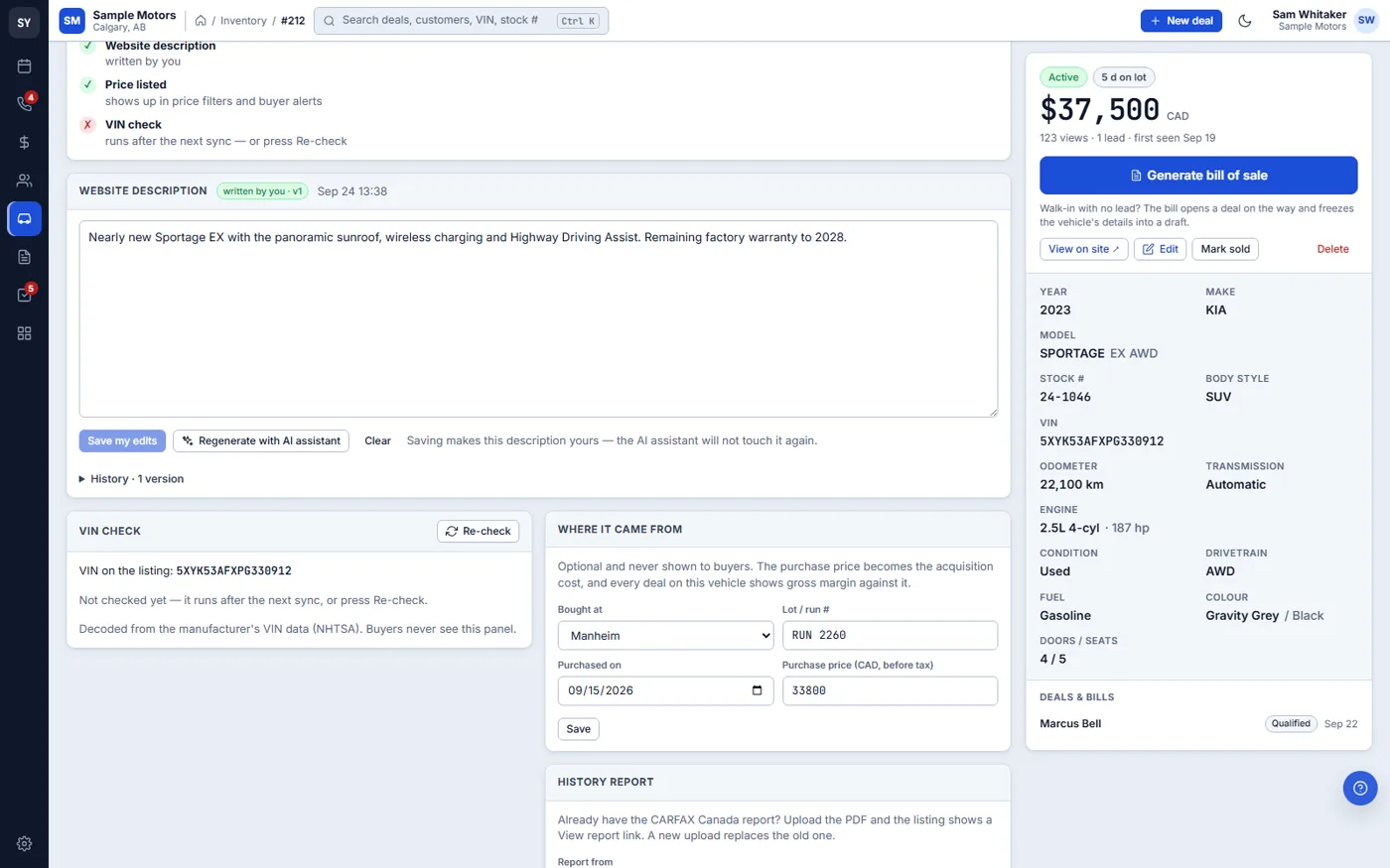 A unit page: website description with Regenerate with AI assistant, VIN check, where it came from and history report